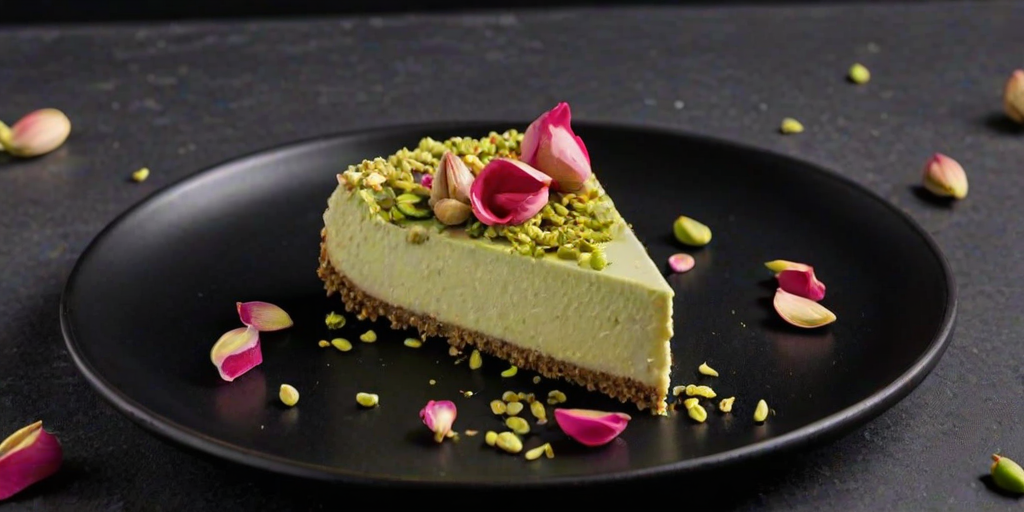 Generate an image of a slice of creamy pistachio cheesecake topped with crushed pistachios and edible rose petals, served on a dark plate against a black background. The cheesecake should have a smooth texture with a golden-brown crust.
