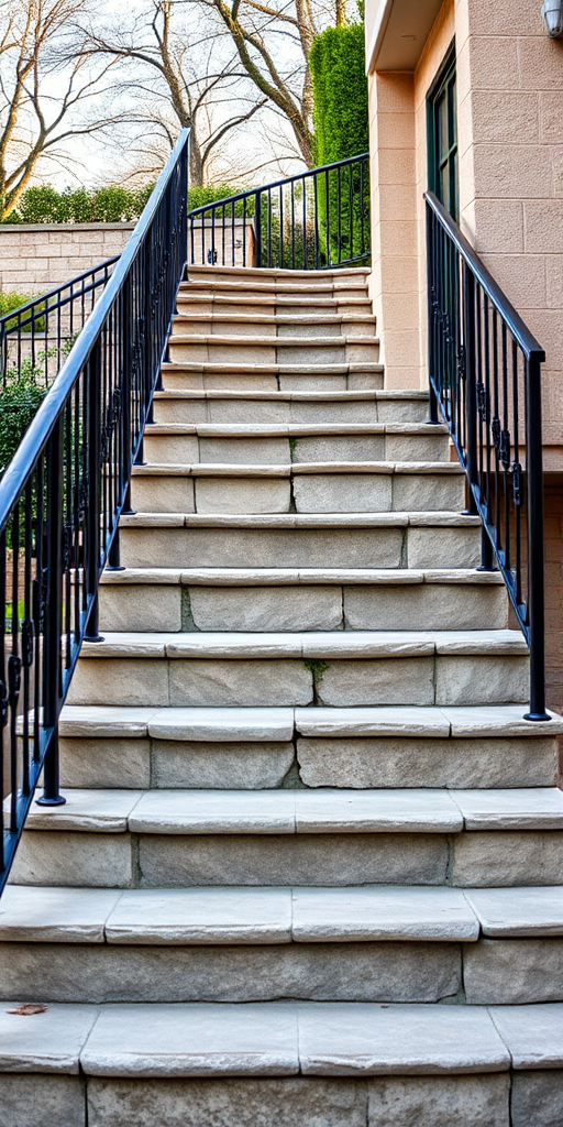 high-resolution image of a set of stone stairs with black wrought iron railings, taken from a low angle, f/8 aperture, ISO 100, 24mm focal length, natural lighting, DSLR camera