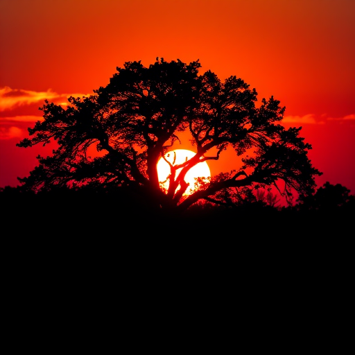 Generate a high-resolution image of a stylized tree silhouette in front of a sunset with vibrant colors, using a DSLR camera with a 50mm lens, aperture f/1.8, ISO 200, and a low angle view to capture the depth of the scene.