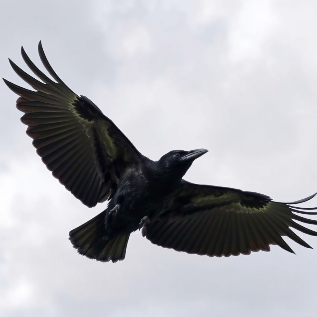 a raven in mid-flight against a cloudy sky, showcasing its glossy black feathers and sharp beak, wings spread wide