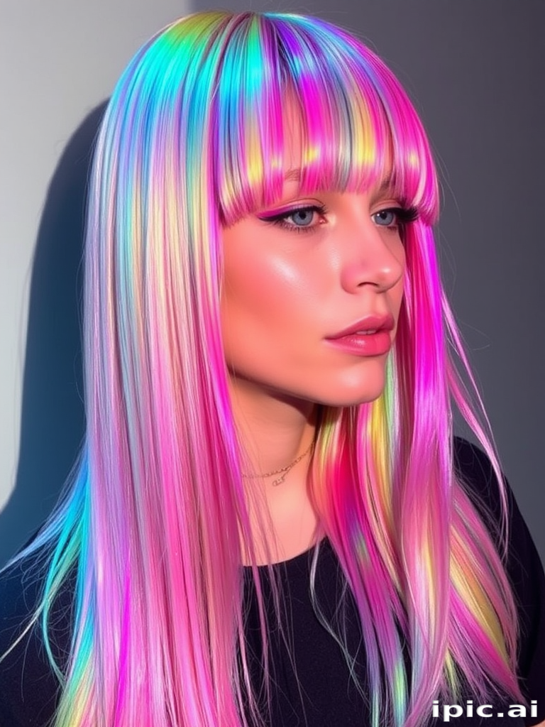 Multicolored holographic hair styled in a long, straight cut with a blunt fringe, shifting colors as it catches the light, creating a mesmerizing optical illusion effect called Prismatic Veil