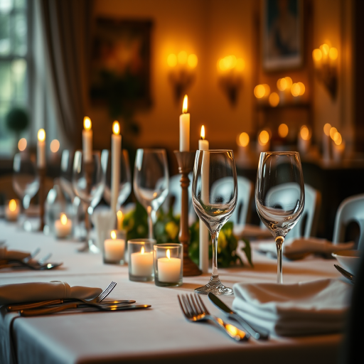 Warmly lit photo of a beautifully set dinner table with candles, soft light reflecting off the silverware and glassware, creating an intimate dining atmosphere.