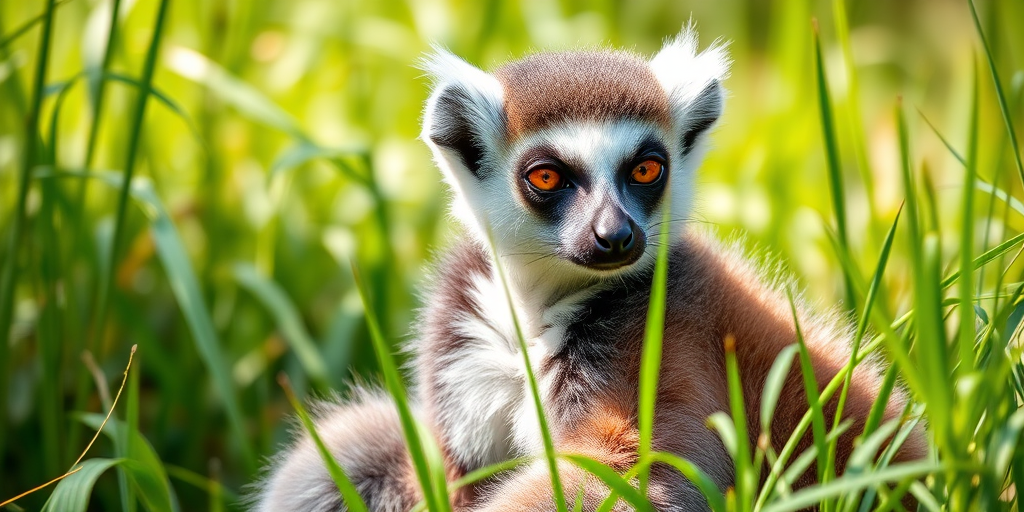 Capture a close-up of a lemur sitting among green grass, with a shallow depth of field to create a blurred background, using a DSLR camera set to f/2.8 aperture, ISO 100, shutter speed 1/200 sec, in natural light with a 50mm lens for enhanced detail and vibrant colors.