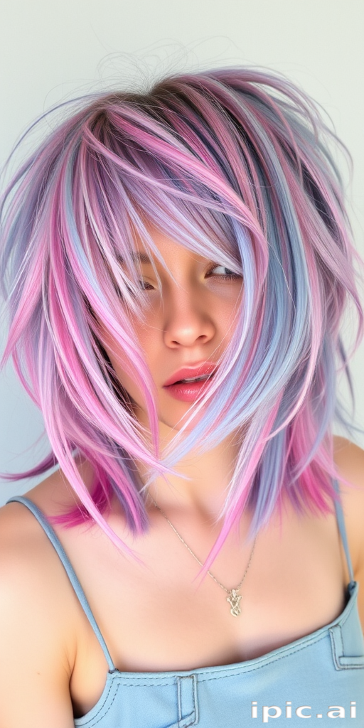 Whimsical artist with a tousled, shoulder-length shag haircut featuring choppy layers and a mix of pastel pink and blue streaks