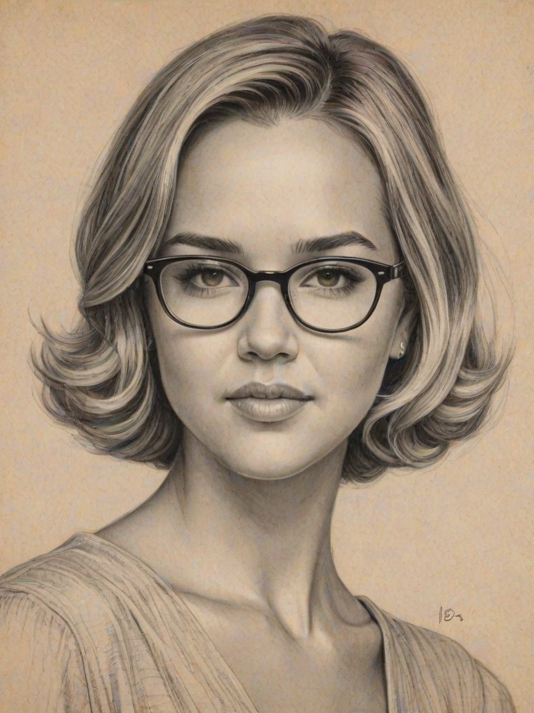 Fascinating Arielle Kebbel, pencil sketch, portrait of Sublime woman 1934s in glasses, hair style beatnik, outline, clear lines, fine lines, 8k