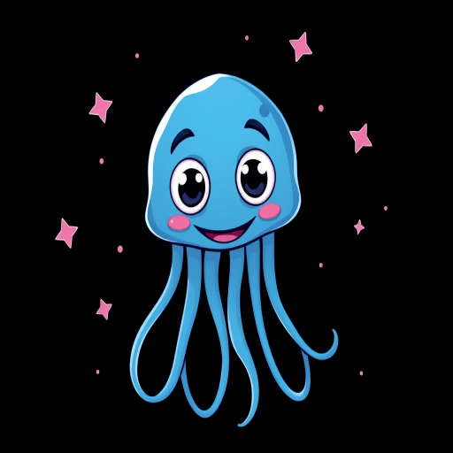 Create a whimsical cartoon-style image of a smiling blue jellyfish with large eyes, surrounded by tiny pink stars on a black background, shot with a Canon EOS R5, 50mm f/1.8 lens, in aperture priority mode, ISO 100, ensuring high saturation and contrast for vibrant colors.