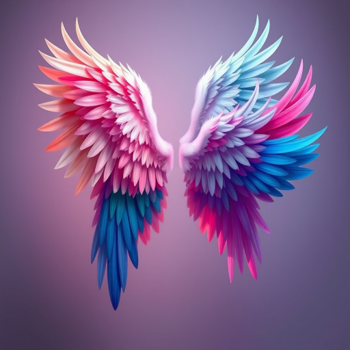Create a high-resolution digital illustration of abstract wings in various colors and styles, with a focus on smooth gradients and intricate feather details, using a DSLR camera with a 50mm lens at f/2.8, ISO 100, 1/125s, in a studio setup with soft lighting to enhance the vibrancy and contrast of the colors.