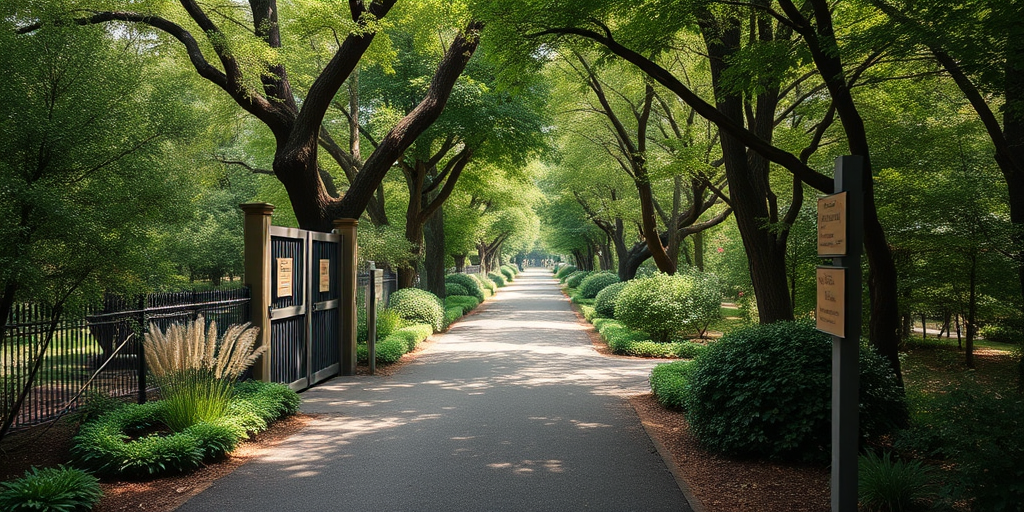 a peaceful garden pathway lined with trees and shrubs, entrance gate with wooden signs, soft natural lighting, taken with a DSLR camera at f/4.0, ISO 100, focal length 35mm, shot in landscape orientation for a wider view
