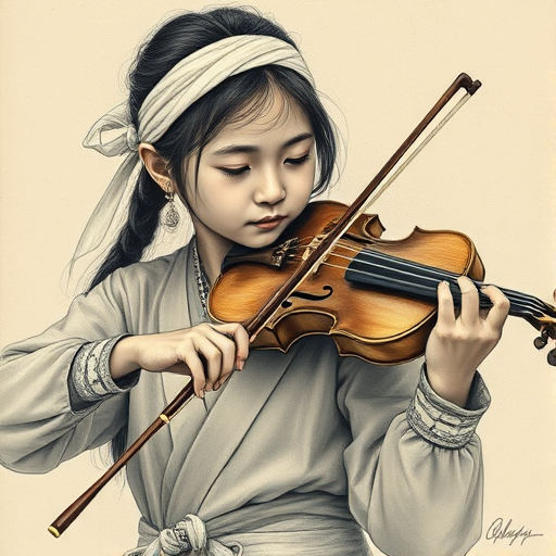 a young Tibetan woman with a white headband playing a violin, in the style of a charcoal drawing, sepia grunge background