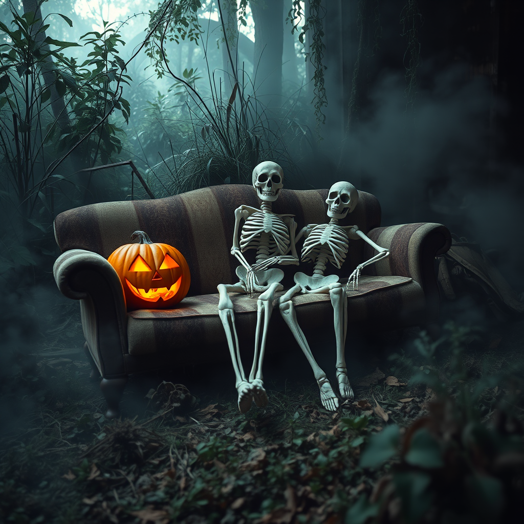 A spooky Halloween scene featuring a skeleton lounging on a weathered sofa beside a glowing jack-o'-lantern, surrounded by overgrown plants and misty atmosphere, captured with a DSLR camera at f/2.8, ISO 200, shutter speed 1/60s, in a soft-focus style from a low angle, using natural light to enhance the eerie effect.