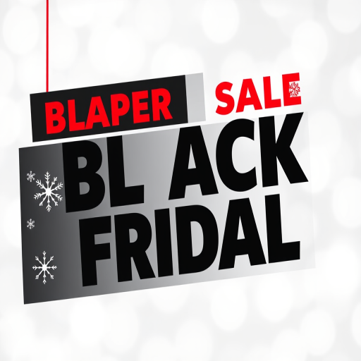 create a festive Black Friday sale banner with bold text reading "SUPER SALE BLACK FRIDAY" in striking red and black, featuring a snowflake pattern on one side, soft white bokeh background, camera settings: f/4, ISO 100, shutter speed 1/250s, camera view: landscape, camera style: minimalist, camera type: digital DSLR