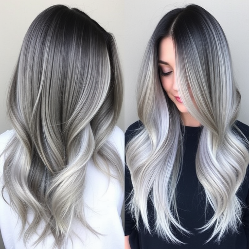Dramatic silver ombre hair styled in the "Moonlit Cascade" features long, straight locks gradually fading from dark charcoal roots to brilliant silver tips