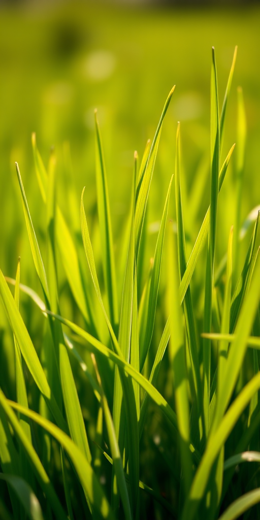 Create a high-resolution image of vibrant green grass blades growing in an open field, captured with a DSLR camera at f/2.8 aperture, ISO 100, 50mm lens, natural lighting, and a slightly blurred background for depth.