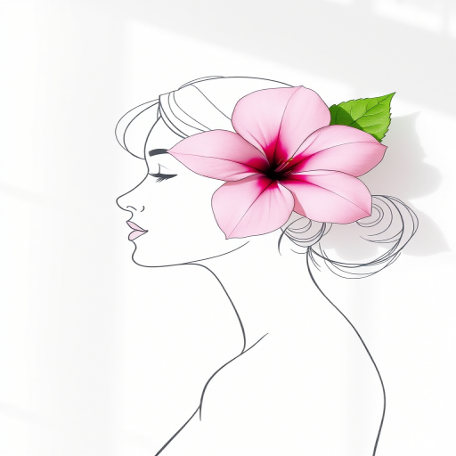 Create a minimalist line drawing of a woman's profile with a large pink flower in her hair and a green leaf at her shoulder, using a DSLR camera with a 50mm lens, aperture f/2.8, ISO 100, shot in natural light, focus on soft pastel colors and subtle shadows for depth.
