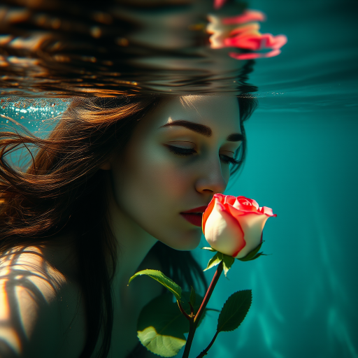 A woman underwater, gazing at a rose Her face is reflected in the water's surface The scene is illuminated by sunlight filtering through the water The atmosphere is serene and contemplative