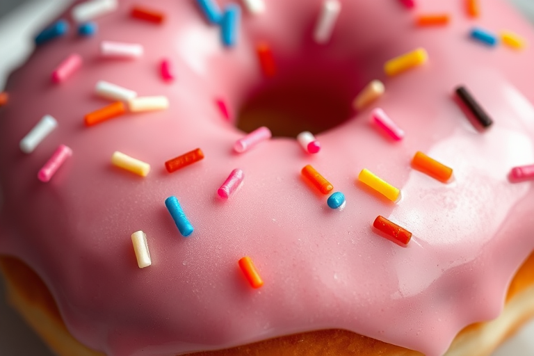 A realistic close-up of a glazed donut with pink icing and colorful sprinkles, shot with a DSLR camera at f/2.8 aperture, 50mm lens, 1/200 sec shutter speed, natural light, shallow depth of field, macro photography.