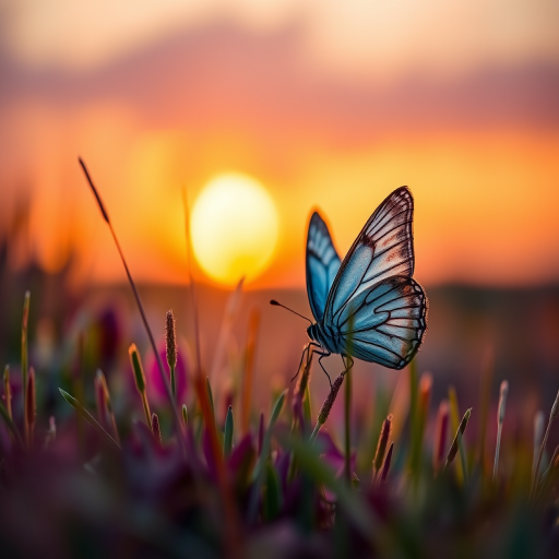 butterfly in colorful grass at sunset, shallow depth of field, f/2.8, ISO 100, 50mm lens, soft focus, macro photography, vibrant colors, DSLR camera