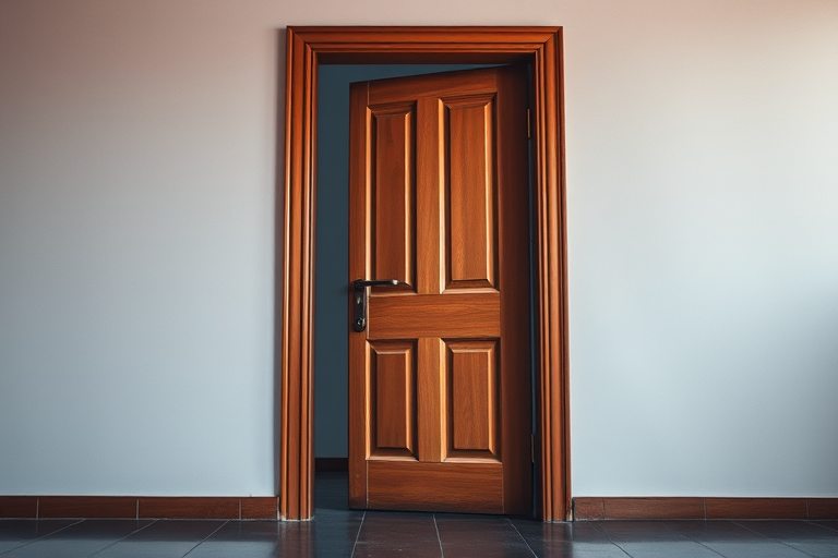 Create a high-resolution image of a partially open door, camera settings: f/2.8 aperture, ISO 100, shutter speed 1/60s, camera view: eye-level perspective, camera style: minimalist, camera type: DSLR.