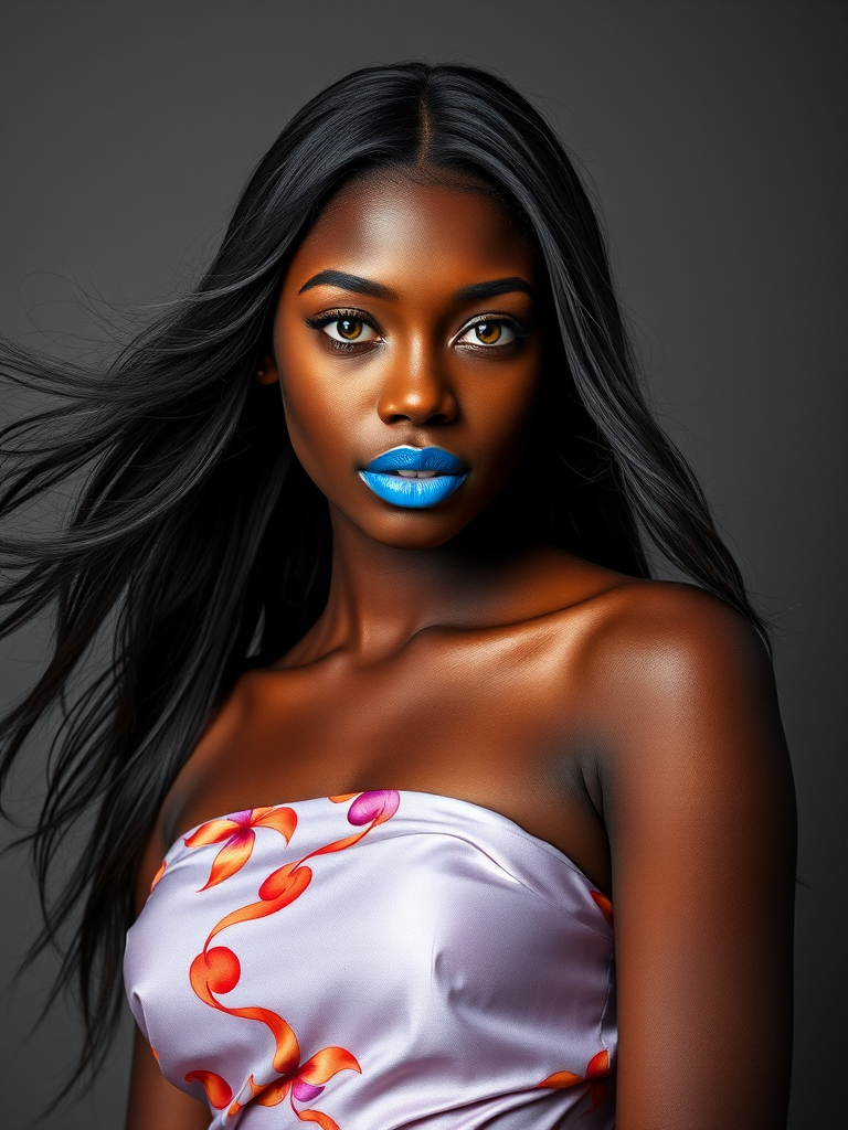 Photographic image of a beautiful young Afro-Caribbean woman, Yellow eyes, lips with cyan lipstick, long hair fluttering in the wind and wearing a silk strapless dress with a soft purple and orange print. monochrome image with only color highlights in the iris of the eyes, lipstick and dress. Gray background.