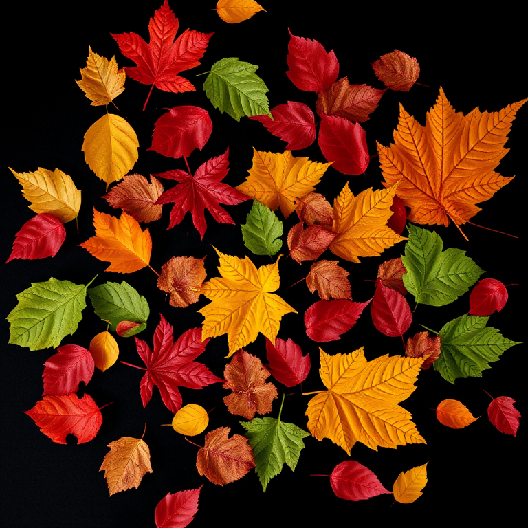 Create an image of various leaves in vibrant colors like red, orange, yellow, and green scattered against a black background, using a Canon EOS R5 camera, aperture f/5.6, shutter speed 1/125s, ISO 100, from a top-down view with a macro lens to enhance detail and clarity.