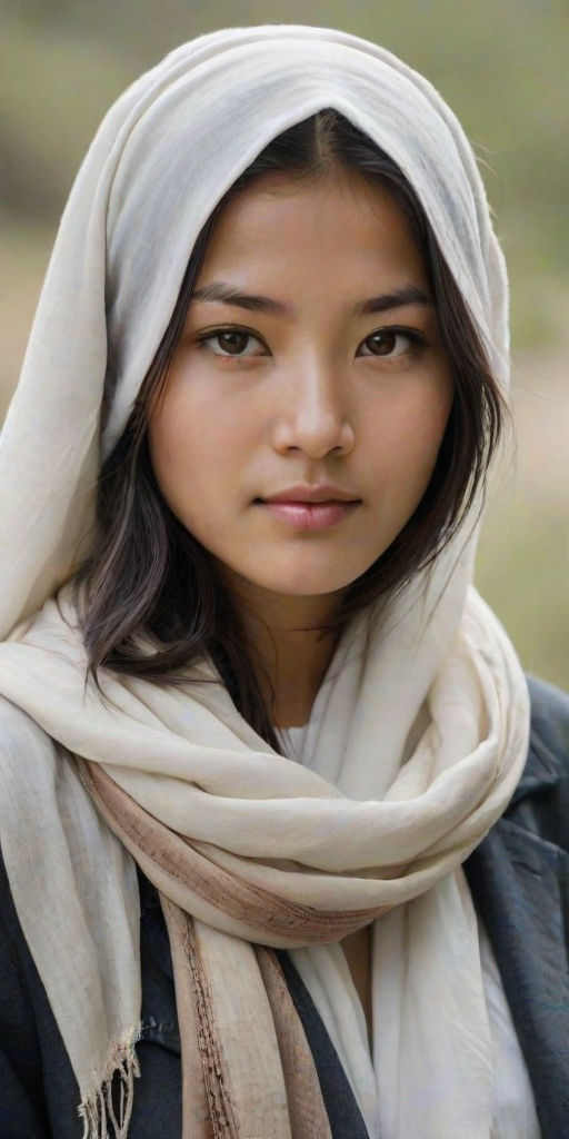 Create a portrait of a young Tibetan female with long, dark hair and captivating hazel eyes. She is wearing a white headscarf and a matching scarf draped gracefully around her neck. The background is softly blurred, focusing attention on her serene and natural expression. The overall color palette is muted and warm, enhancing the intimate and authentic feel of the portrait.