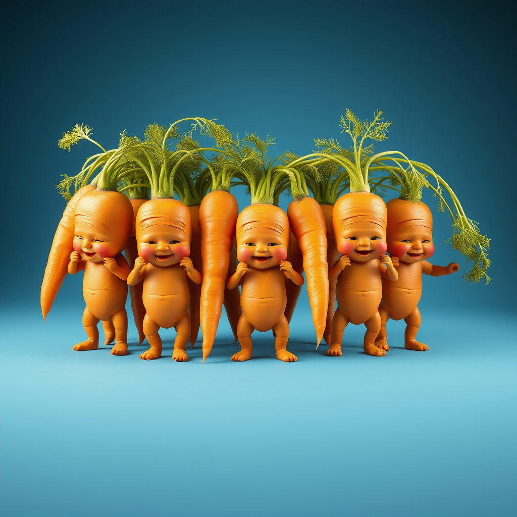 A bunch of carrots in the form of anthropomorphic babies.