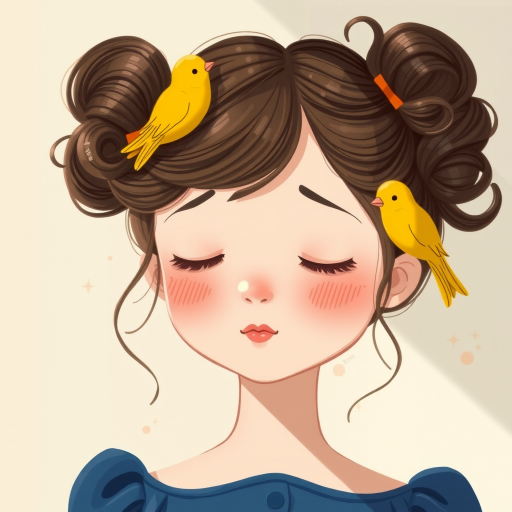 A whimsical illustration of a girl with closed eyes and a playful hairstyle adorned with yellow birds and large curlers, captured in soft natural light using a Canon EOS R5 with a 50mm f/1.2 lens, aperture set to f/2.8, ISO 100, in a shallow depth of field to enhance details of the hair and birds.