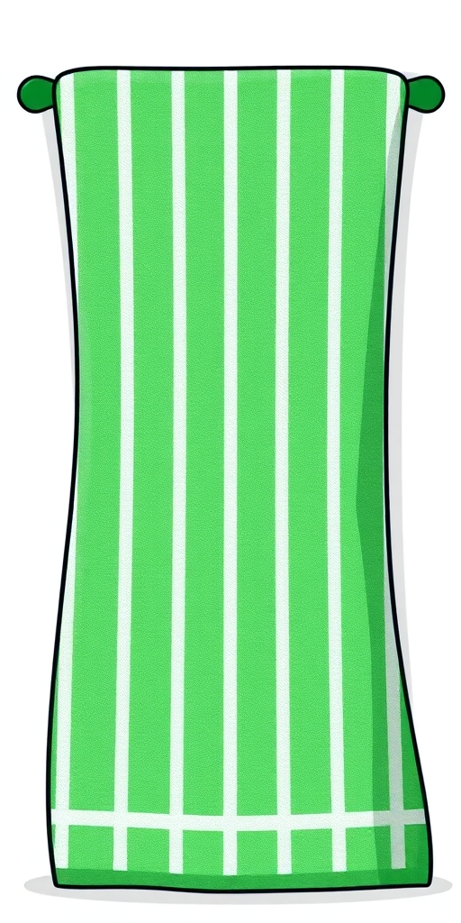 Generate a cartoonish image of a striped green towel with a white background, using a digital art style, shot from a front view, with a soft focus effect, at a resolution of 300 DPI for high-quality detail.