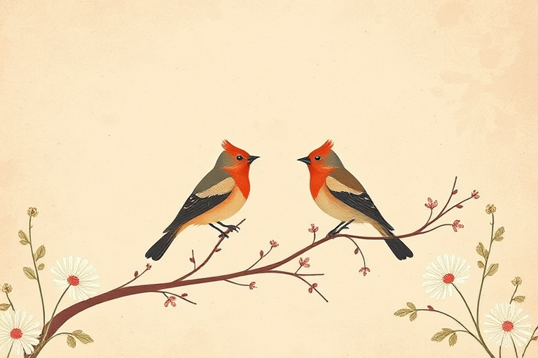 Create a vintage-style illustration of a textured background with soft pastel colors, featuring two stylized birds perched on branches with delicate floral elements around the edges, captured with a Canon EOS 5D Mark IV, 50mm lens, f/1.8 aperture, ISO 100, natural light, and a shallow depth of field.