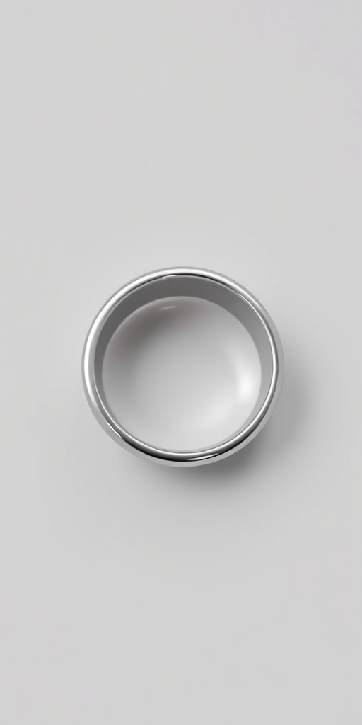 Create a realistic 3D rendering of a polished silver ring on a soft gray background, using a DSLR camera at f/2.8 aperture, ISO 100, focal length 50mm, with a top-down view and soft diffused lighting to highlight reflections and shine.