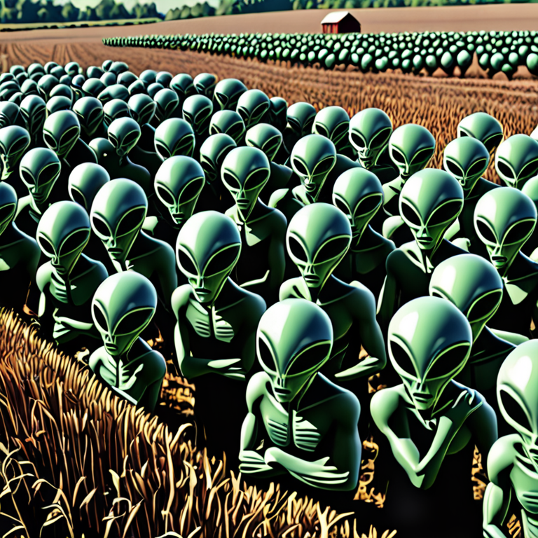 Alien horde, cartoon art style on a farm