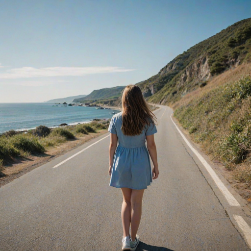 Wide-angle shot of a coastal road leading down to a calm blue ocean. A chubby high school girl with long hair, blown gently by the ocean breeze, walks along the road, looking to the viewers with. Enhanced contrast, and a soft focus on the horizon. Use a DSLR camera with a 24mm lens at f/5.6