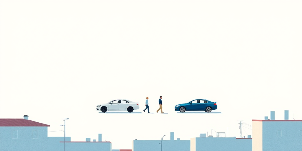 Create a minimalist landscape illustration featuring two cars and figures walking in a serene environment with buildings in the foreground, using a soft color palette of blues and whites; camera settings: aperture f/8, ISO 200, shutter speed 1/250s; camera view: wide-angle; camera style: digital painting; camera type: mirrorless camera.