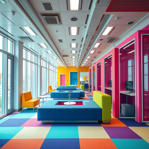 Generate a vibrant and futuristic interior design concept featuring modular seating and multi-colored cubicles in a bright and playful environment, captured with a Canon EOS R5, 24mm lens, f/8 aperture, ISO 100, and a perspective view to enhance depth and clarity.