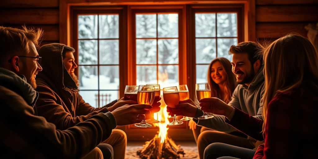 Warmly lit photo of a group of friends toasting drinks in a cozy cabin, soft golden light from the fireplace illuminating their faces, with snow gently falling outside the large windows.
