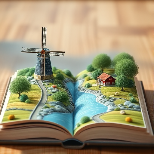 Create a 3D scene of an open book with a detailed landscape featuring a windmill, a charming house, and a flowing river surrounded by trees, shot with a Canon EOS R5, 35mm lens at f/8, ISO 100, in bright lighting to enhance colors and textures and a wide-angle perspective for depth.