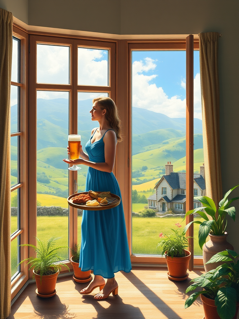 In "A Glass of Beer on the Highland," a serene scene is depicted in a sunlit room where a woman in a vibrant blue dress stands by a large window. She holds a tray with a hearty meal and a frothy glass of beer, embodying a moment of relaxation. Outside, the breathtaking highland landscape features rolling green hills and a charming traditional house, all bathed in warm afternoon light. The interior is adorned with potted plants, creating a harmonious blend of comfort and nature. The painting beautifully captures the tranquility and joy found in simple pleasures amidst stunning scenery