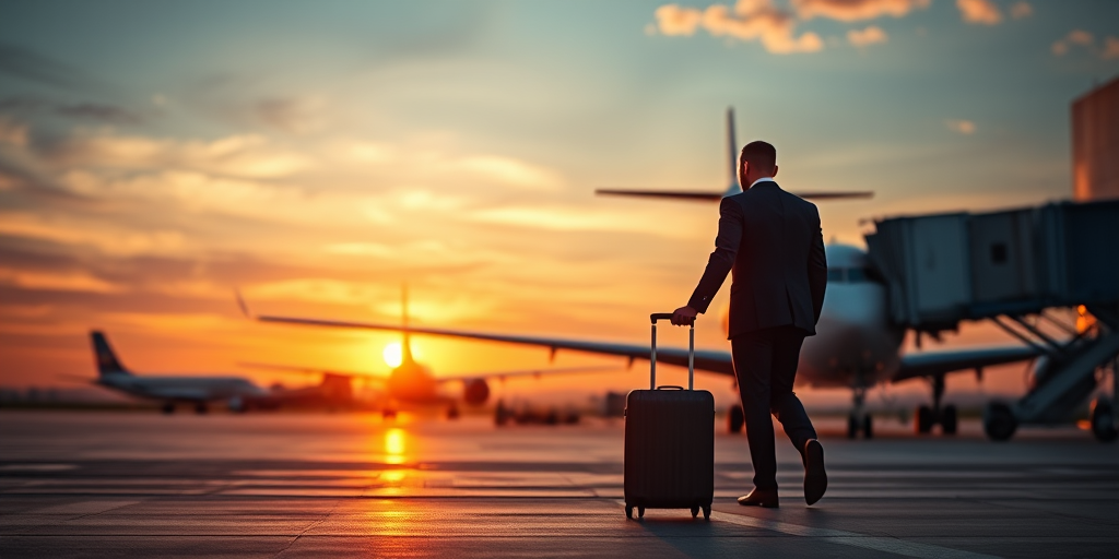 a traveler in a suit walking towards an airplane with a suitcase at an airport during sunset, shot with a Canon EOS R5, 50mm f/1.2 lens, aperture f/2.8, ISO 100, warm colors and dramatic skies, shallow depth of field, focus on the silhouette of the traveler and the plane in the background