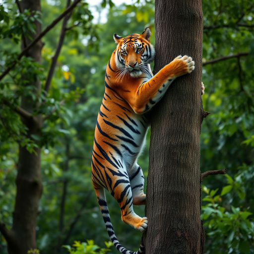 a majestic tiger climbing a tree trunk in a lush green environment, captured with a Canon EOS 5D Mark IV, 85mm lens, f/4 aperture, ISO 200, natural lighting, shallow depth of field, slightly low angle view to emphasize the tiger's height and grace
