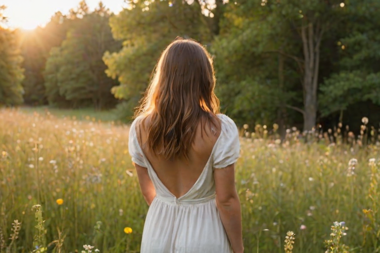 Soft-focus image of a girl in a white dress standing in a meadow at sunrise, her back to the camera, with soft golden light filtering through the trees and wildflowers in the foreground.