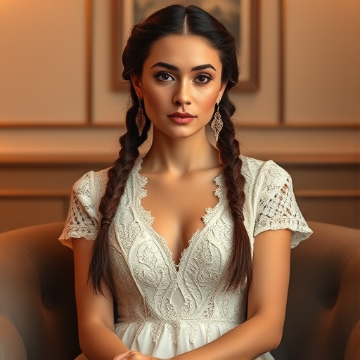 Create a portrait of a refined and elegant Kurdish woman seated in a sophisticated setting. She has long, wavy hair styled in two thick braids that are pulled over her shoulders. She wears a white, lace gown with intricate patterns, featuring a deep V-neckline and short sleeves. The dress exudes a vintage charm with its delicate lacework. She is adorned with ornate, dangling earrings that add a touch of glamour to her appearance. The background is softly lit, with warm, ambient lighting that creates a cozy and inviting atmosphere. Her expression is poised and serene, capturing a sense of grace and elegance.