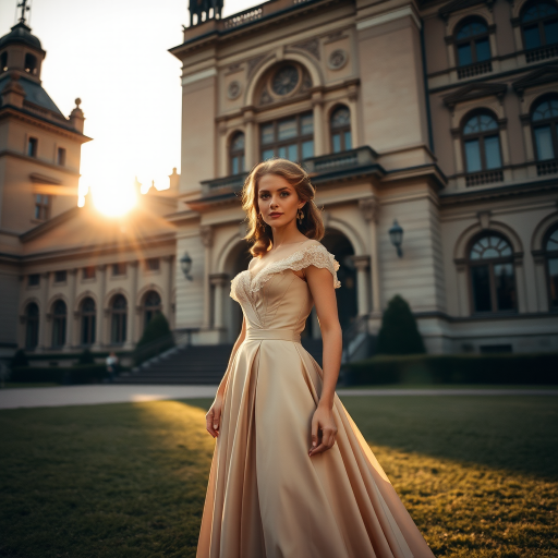 An elegant woman, dressed in a vintage gown, stands in front of a grand, historic building. The setting sun casts a warm, golden light on her