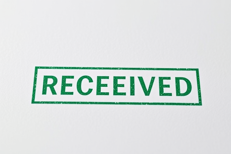 Create an image of a green "RECEIVED" stamp on a white background, captured with a DSLR camera at f/2.8 aperture, 50mm lens, ISO 100, in natural light from a top-down view using a macro photography style.