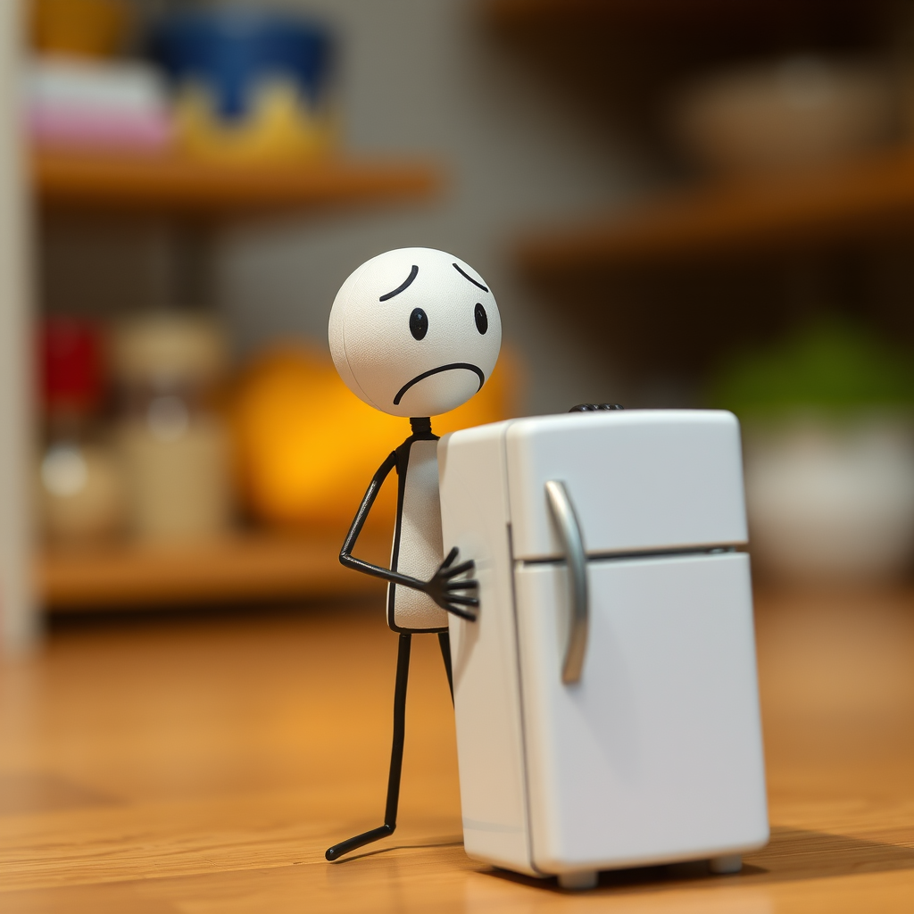 A stick figure with a worried expression holding a refrigerator, high-resolution, f/2.8 aperture, ISO 100, 50mm lens, focused on the figure with a blurred background.