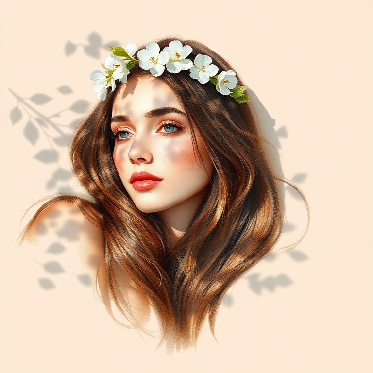 create a watercolor painting of an ethereal portrait of beautiful Chaldean woman with a simple white flower crown on her head. Her hair is long and she is lying on the ground. The sunlight on the trees casts shadows from the leaves on her face and body. The background is a neutral brown color that matches her skin tone. The image is minimalist and solid colors. This style is characterized by soft, delicate brushstrokes and a light, airy, contrasting color palette. High level of detail and play of light