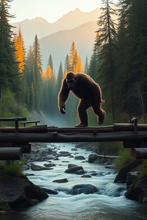 A majestic Bigfoot walking over a rustic wooden bridge in a lush forested area, with a misty river flowing below, surrounded by towering pine trees and mountains in the background, captured in golden hour lighting, with a Canon EOS R5, 50mm lens, f/2.8 aperture, ISO 100, and a shallow depth of field for enhanced focus on the creature, wide-angle view.