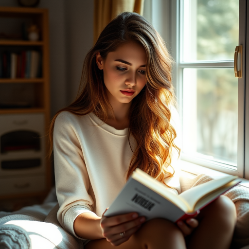 Create an image of a young woman with long, wavy hair sitting in a cozy room, looking pensive while reading a book, soft natural light streaming through a window, DSLR camera, 50mm lens, aperture f/1.8, ISO 200, shallow depth of field, warm color palette, cinematic style.