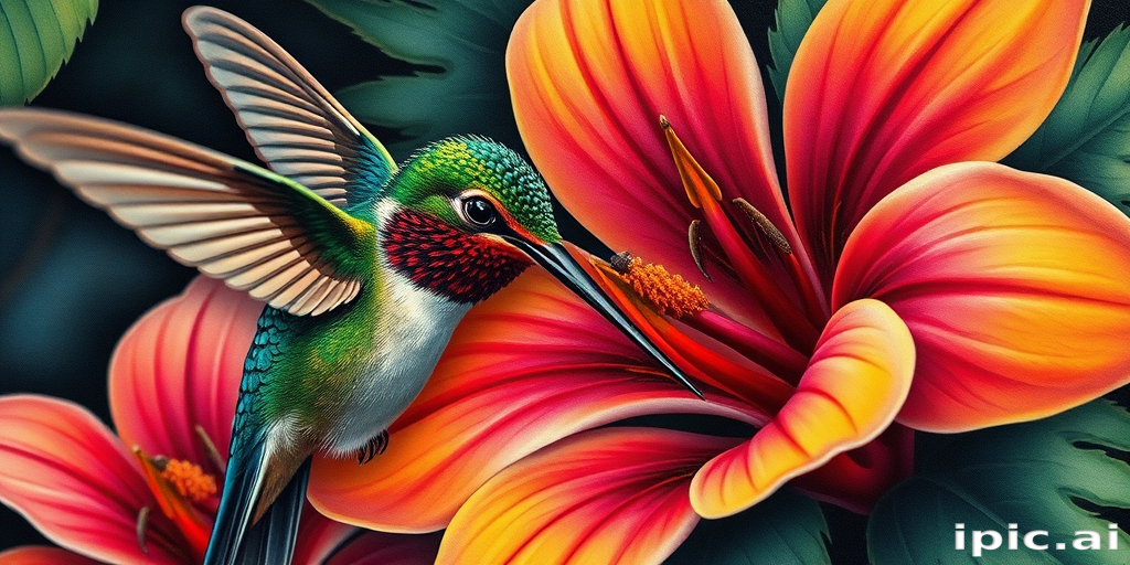 Realism color tattoo called "Nature's Palette" featuring a hyperrealistic close-up of a vibrant hummingbird feeding on a tropical flower with incredible detail and depth