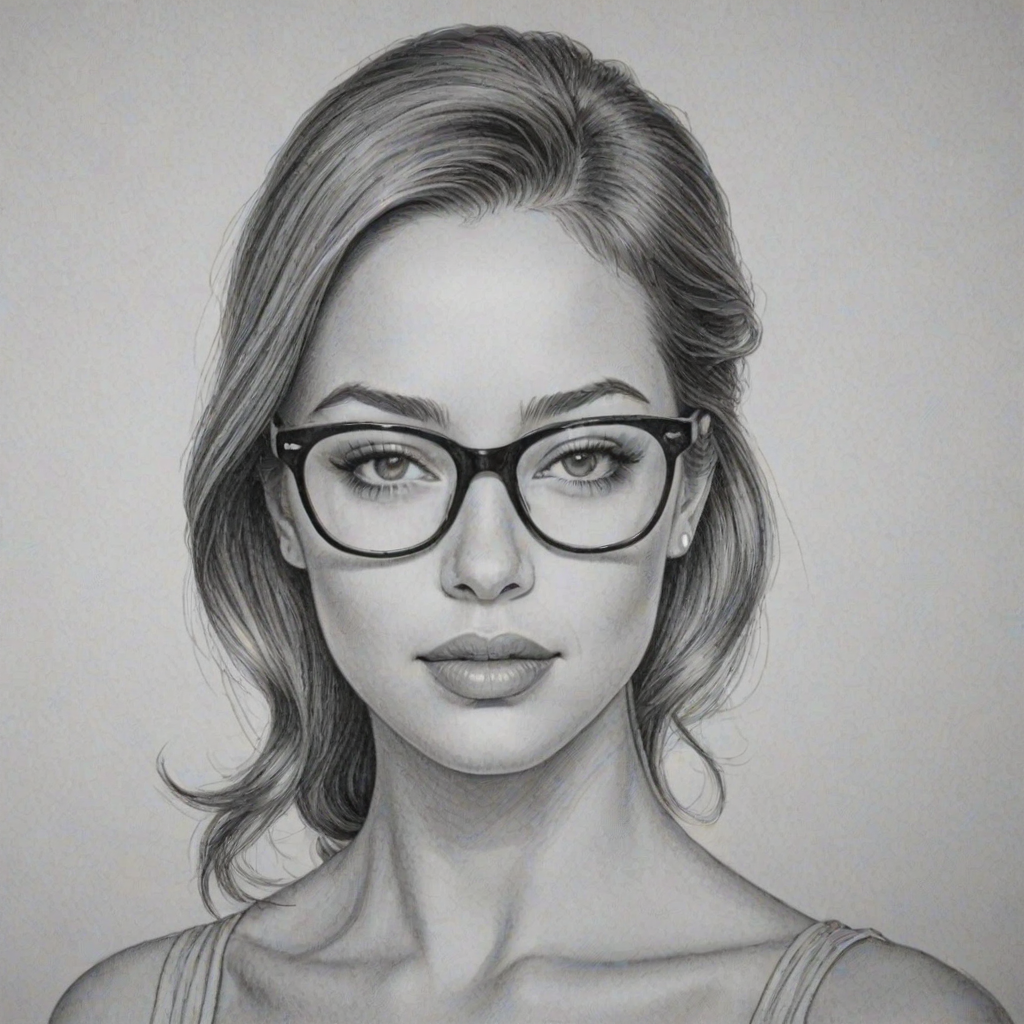 Exquisite Alexis Knapp, pencil sketch, portrait of Dazzling woman 1959s in glasses, hair style beatnik, outline, clear lines, fine lines, 8k