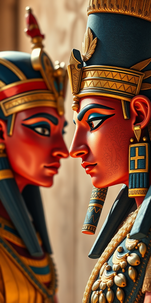Illustrate two ancient Egyptian deities in a traditional style, focusing on vibrant colors and intricate details, captured with a Canon EOS R5 at f/8, ISO 100, 50mm lens, shot in soft natural light from the side for depth.